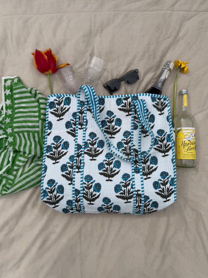 Quilted Tote Bag - Handcrafted block print : Blue Floral Print, Zippered Pocket