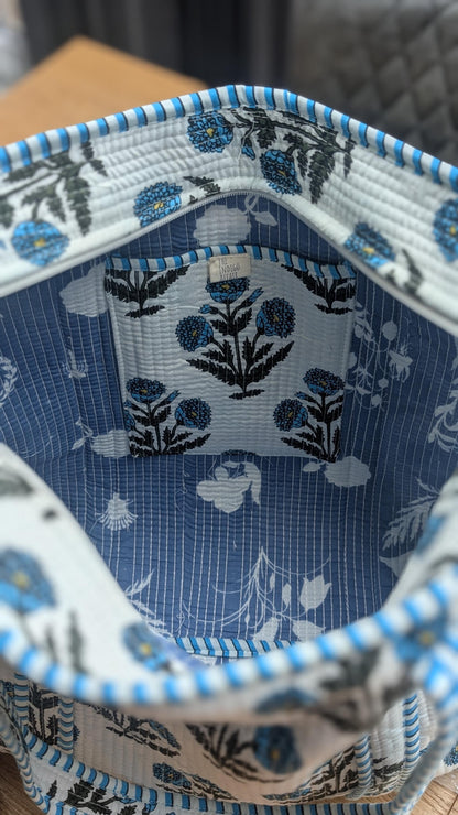 Quilted Tote Bag - Handcrafted block print : Blue Floral Print, Zippered Pocket