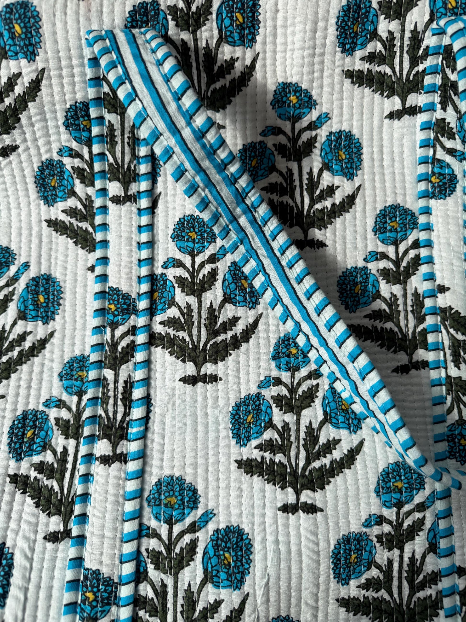 Quilted Tote Bag - Handcrafted block print : Blue Floral Print, Zippered Pocket