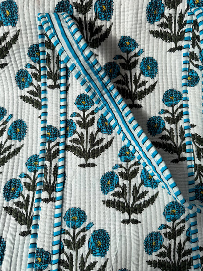Quilted Tote Bag - Handcrafted block print : Blue Floral Print, Zippered Pocket