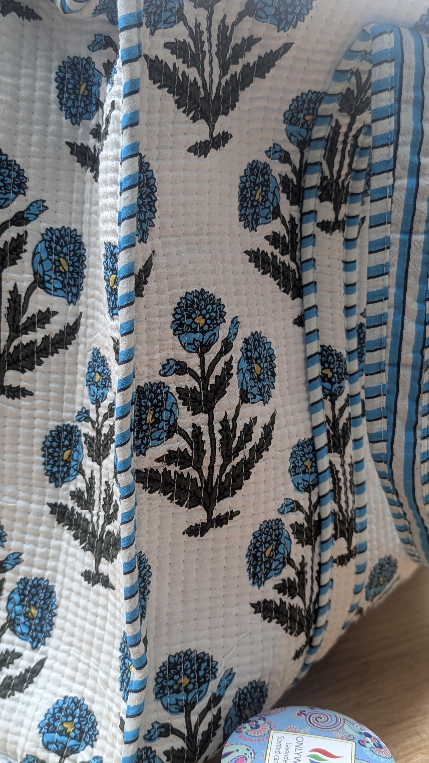 Quilted Tote Bag - Handcrafted block print : Blue Floral Print, Zippered Pocket