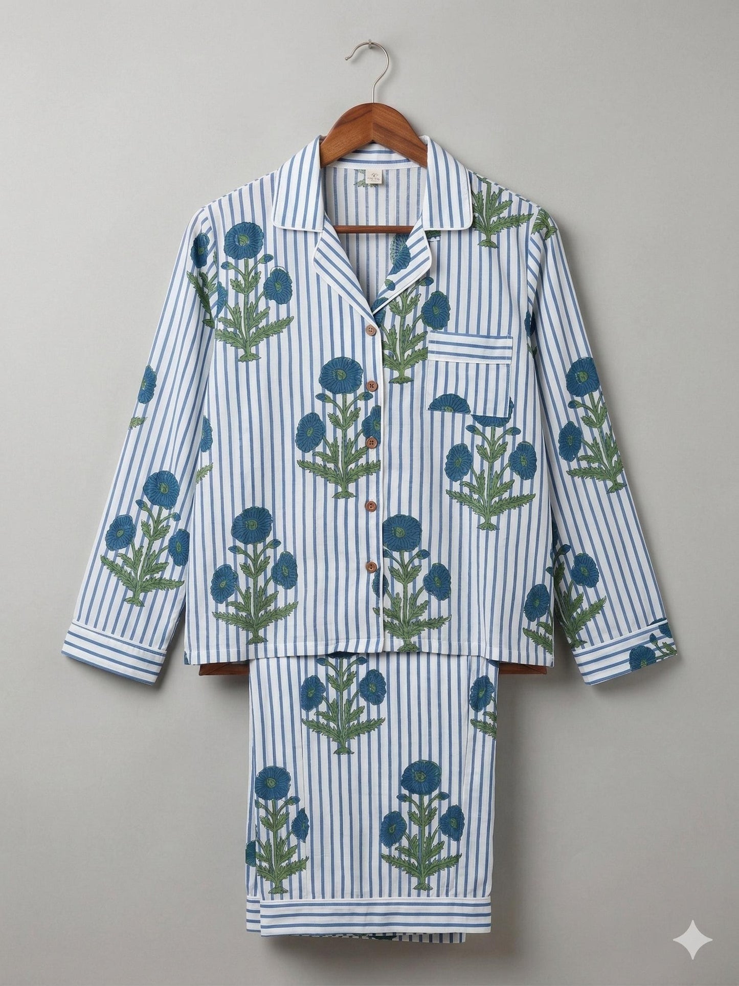 Stripe Floral Long Pyjama Set - Hand Block Printed Cotton PJ Set for Women | Handmade Sleepwear