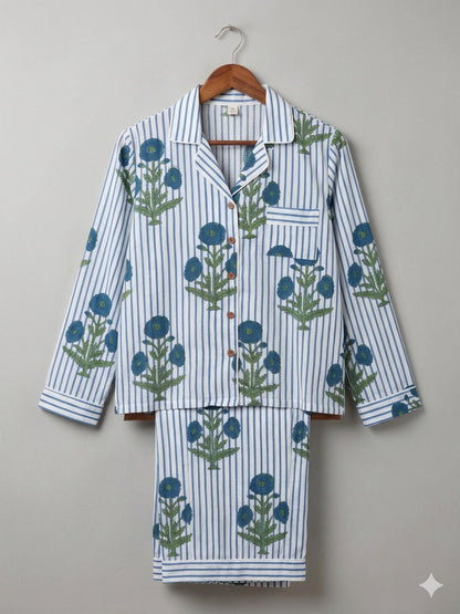 Stripe Floral Long Pyjama Set - Hand Block Printed Cotton PJ Set for Women | Handmade Sleepwear