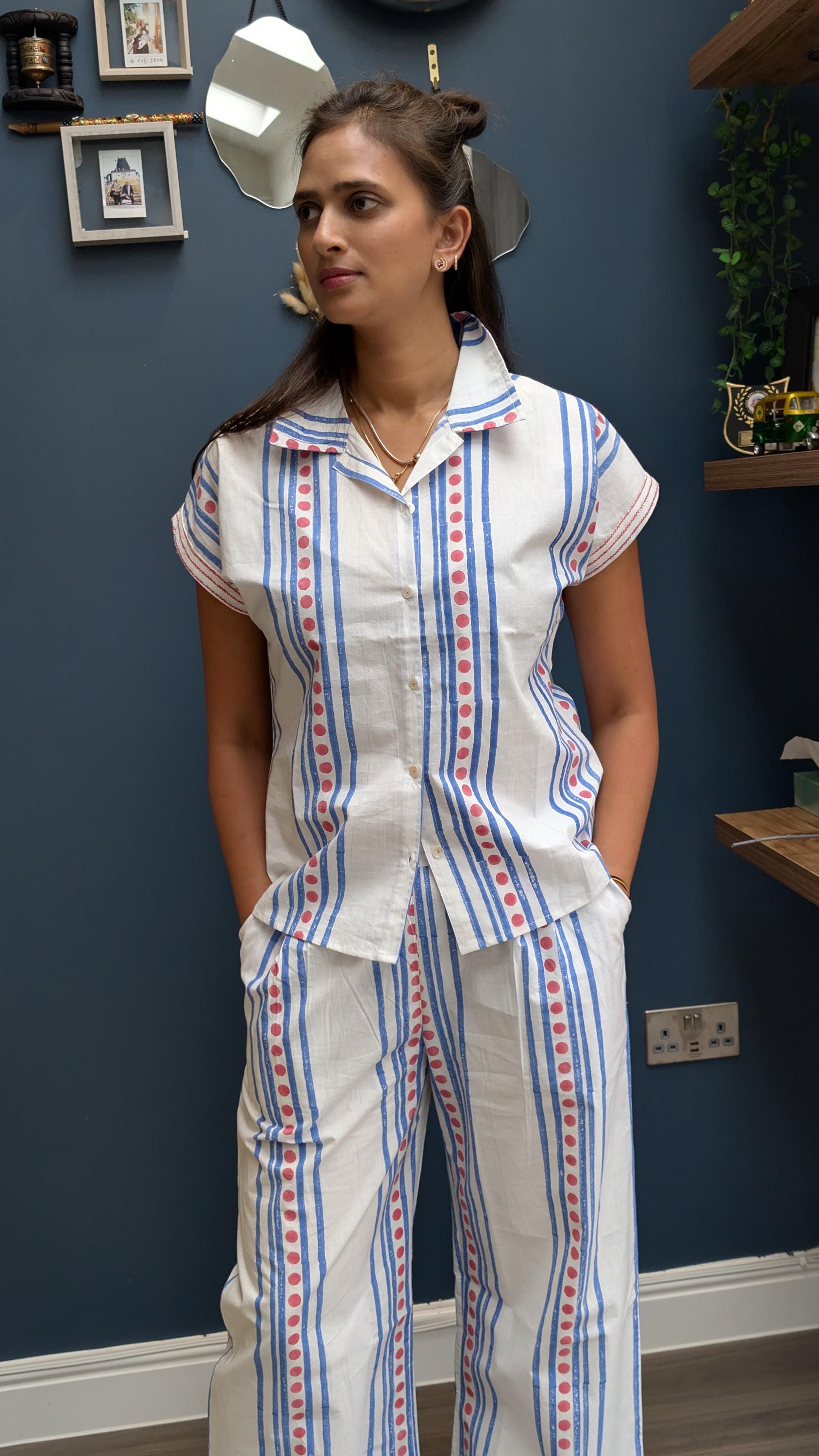 Striped Cotton Pyjama Set - Hand Block Printed Loungewear | Collar Button Up Top and Bottoms