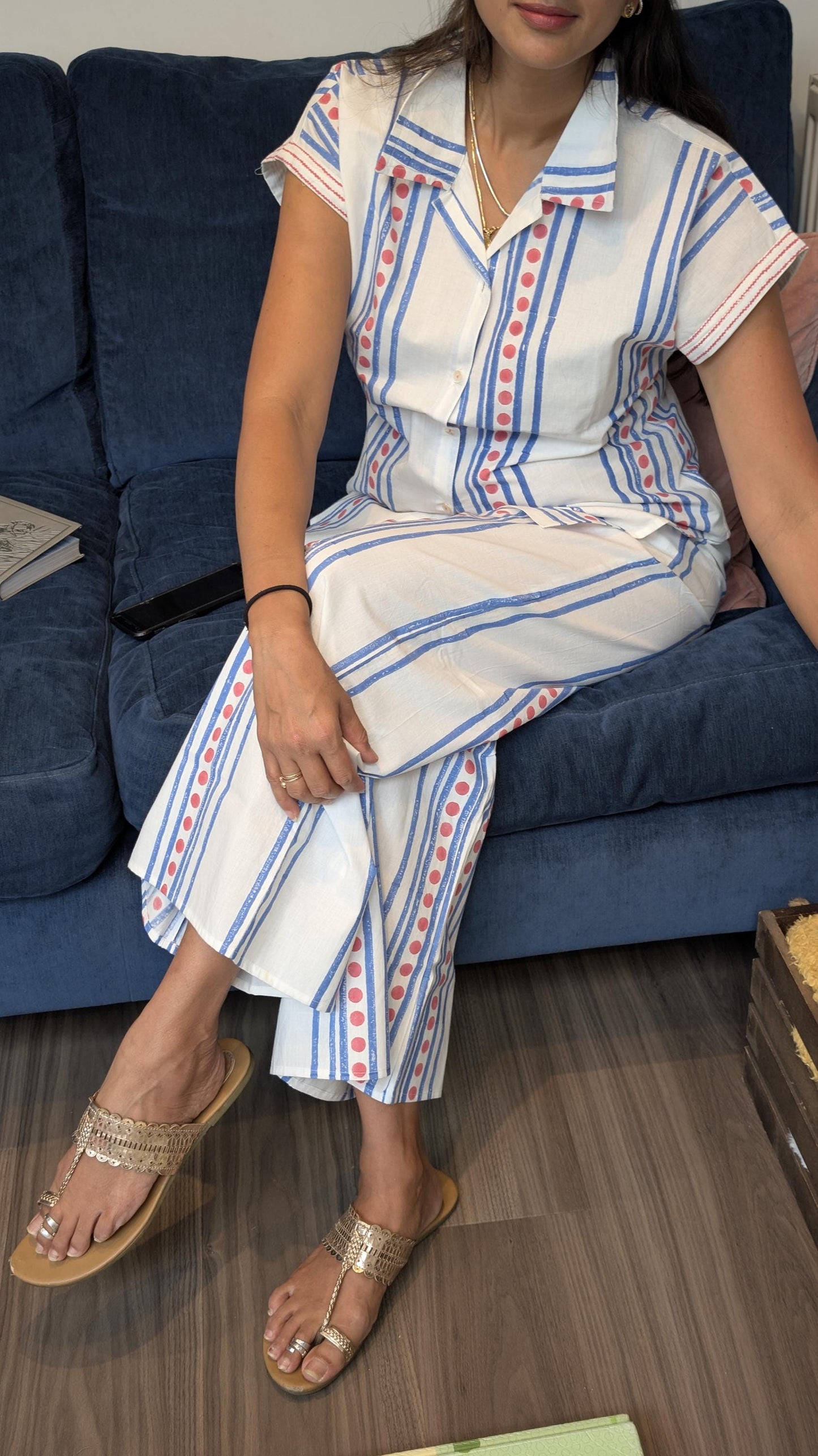 Striped Cotton Pyjama Set - Hand Block Printed Loungewear | Collar Button Up Top and Bottoms
