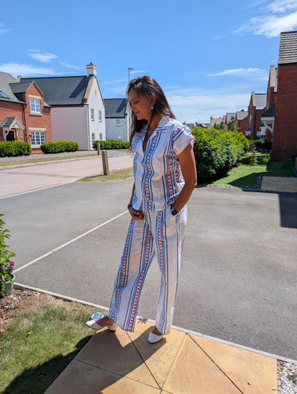 Striped Cotton Pyjama Set - Hand Block Printed Loungewear | Collar Button Up Top and Bottoms