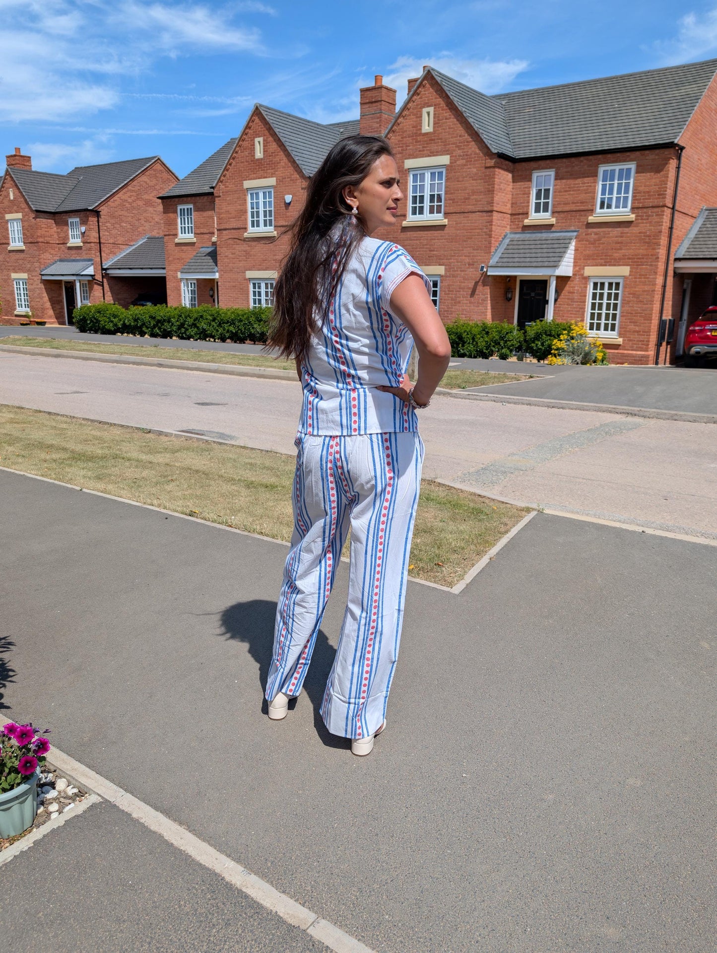 Striped Cotton Pyjama Set - Hand Block Printed Loungewear | Collar Button Up Top and Bottoms