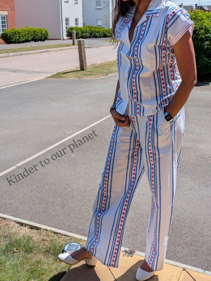 Striped Cotton Pyjama Set - Hand Block Printed Loungewear | Collar Button Up Top and Bottoms