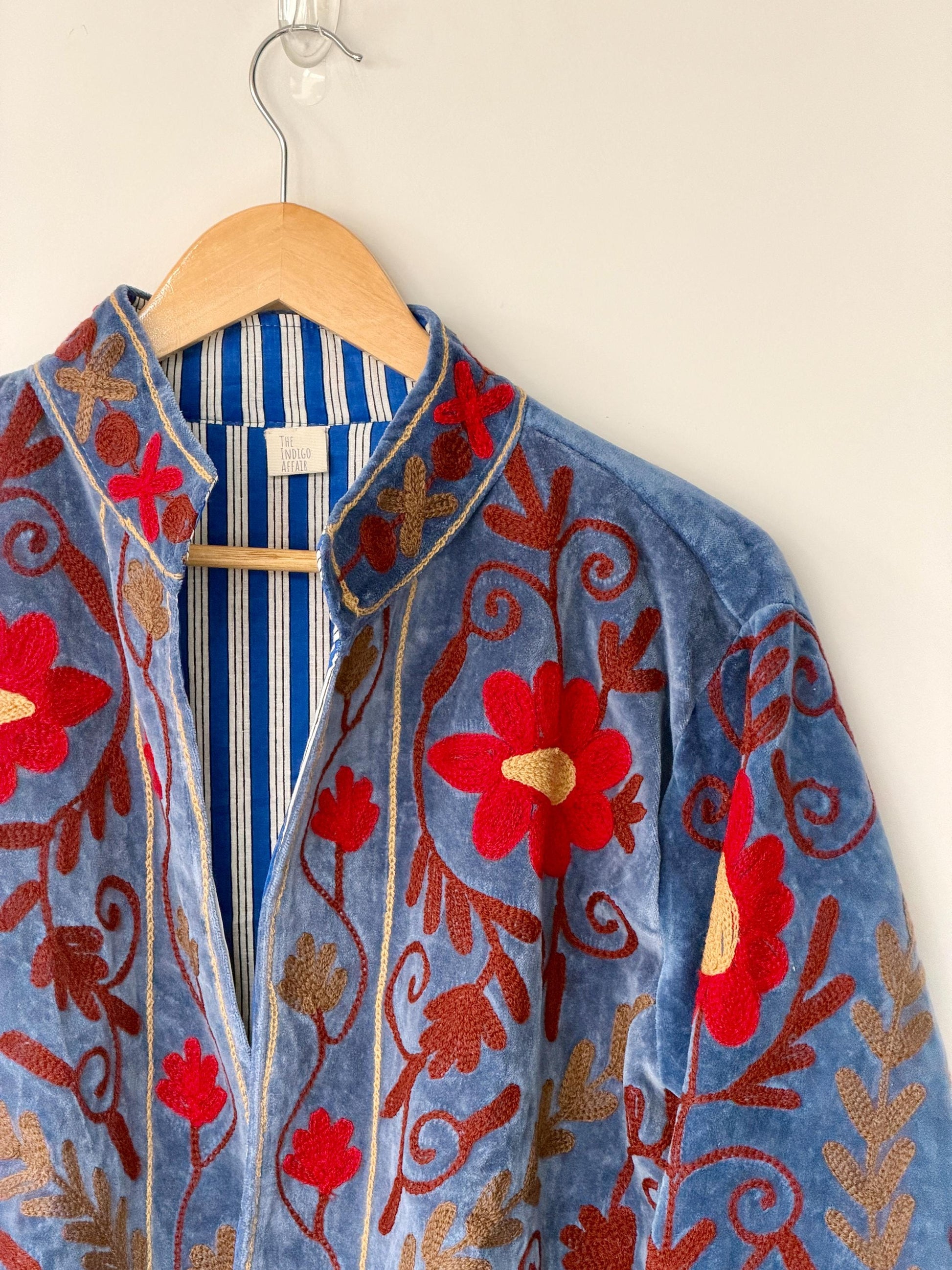 Suzani Velvet Jacket — Bright Garden Embroidered Jacket | Floral | Free Size upto UK 16/18