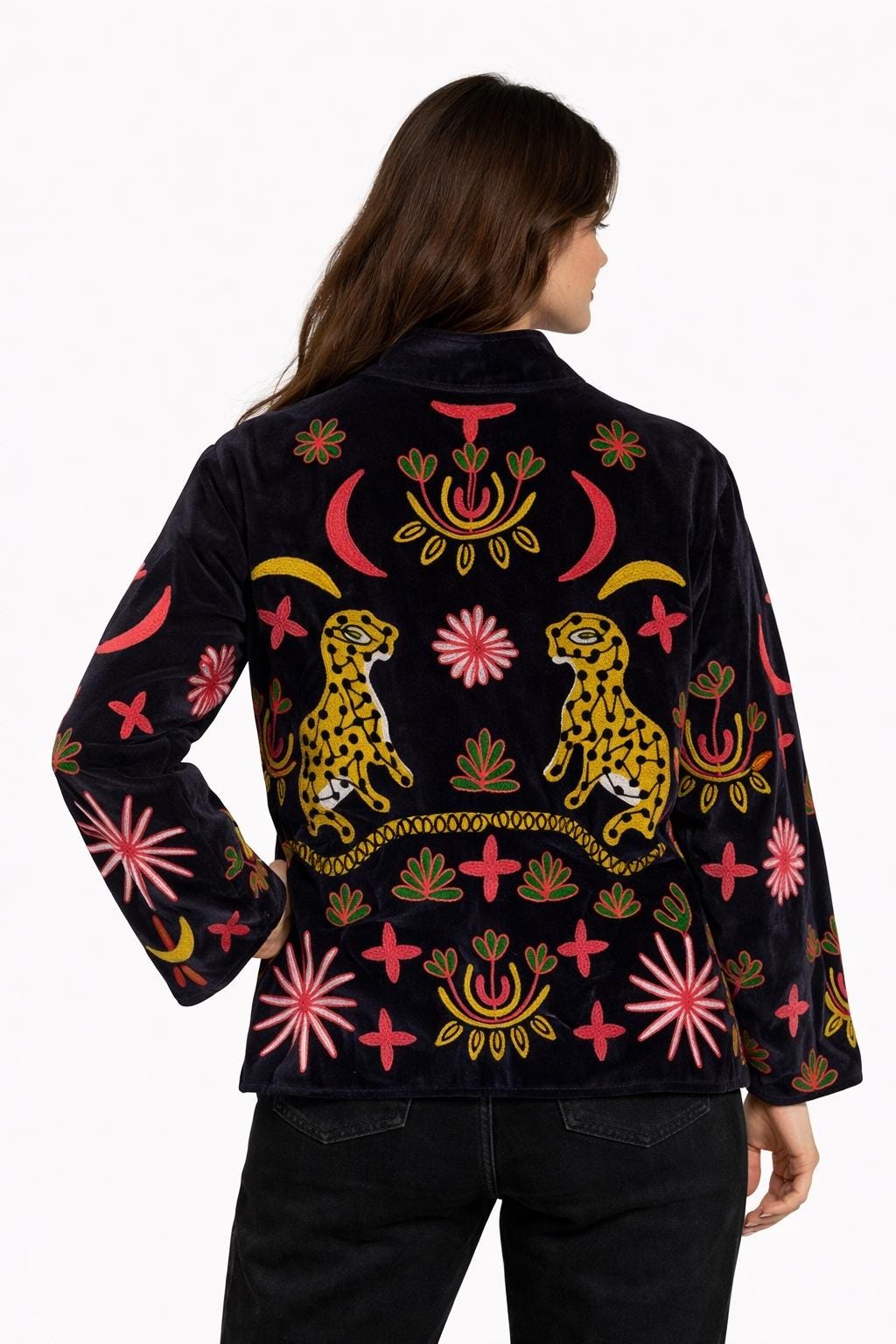 Suzani Velvet Jacket — The Black Pink Embroidered Cheetah Jacket | Free Size upto UK 16/18