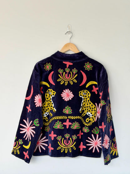 Suzani Velvet Jacket — The Black Pink Embroidered Cheetah Jacket | Free Size upto UK 16/18