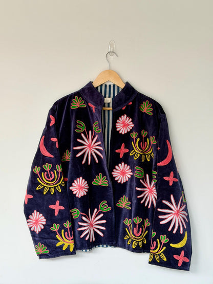 Suzani Velvet Jacket — The Black Pink Embroidered Cheetah Jacket | Free Size upto UK 16/18