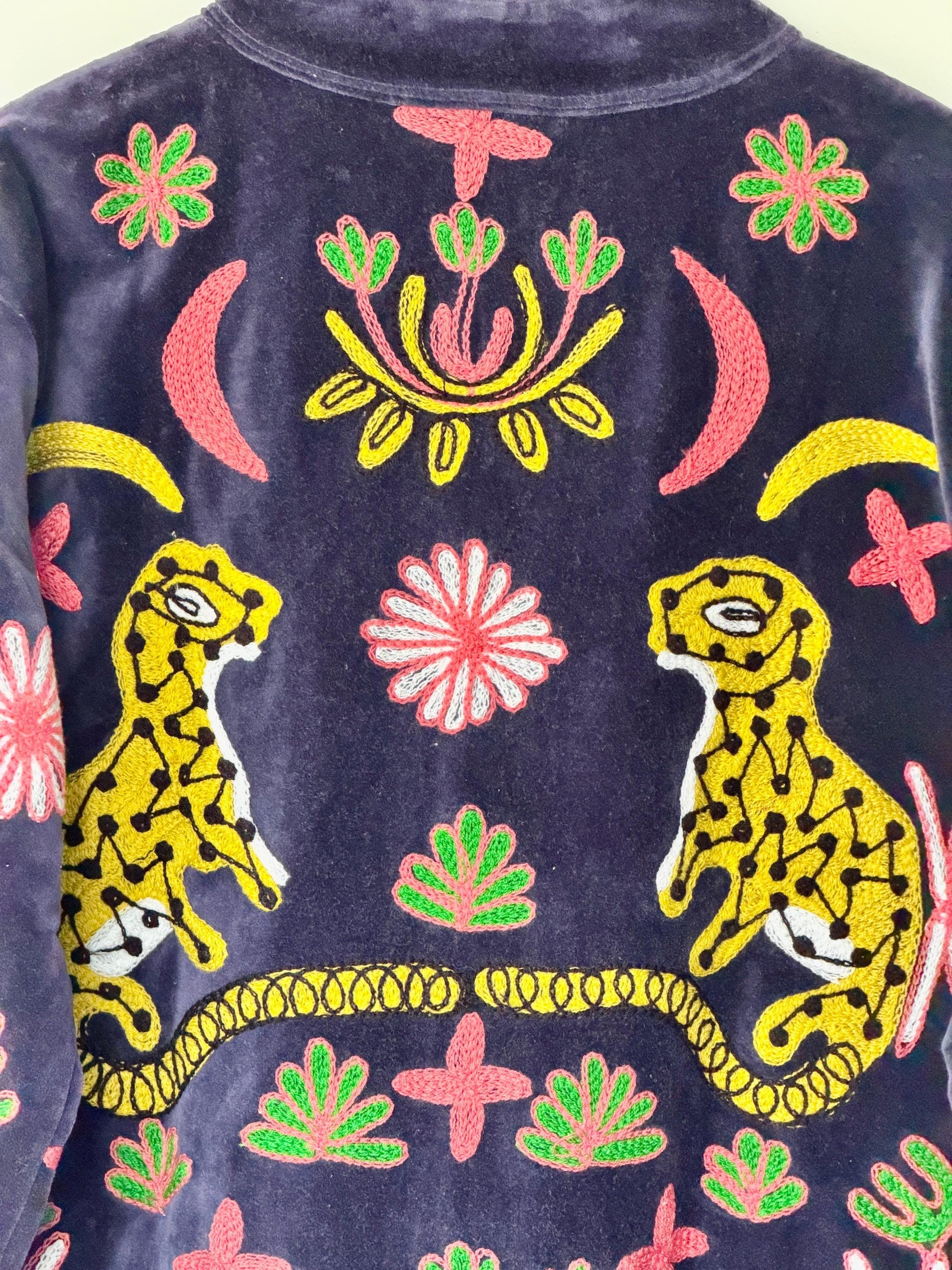 Suzani Velvet Jacket — The Black Pink Embroidered Cheetah Jacket | Free Size upto UK 16/18