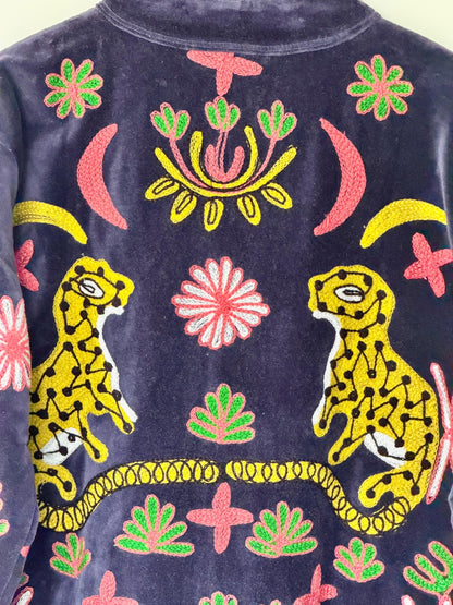 Suzani Velvet Jacket — The Black Pink Embroidered Cheetah Jacket | Free Size upto UK 16/18