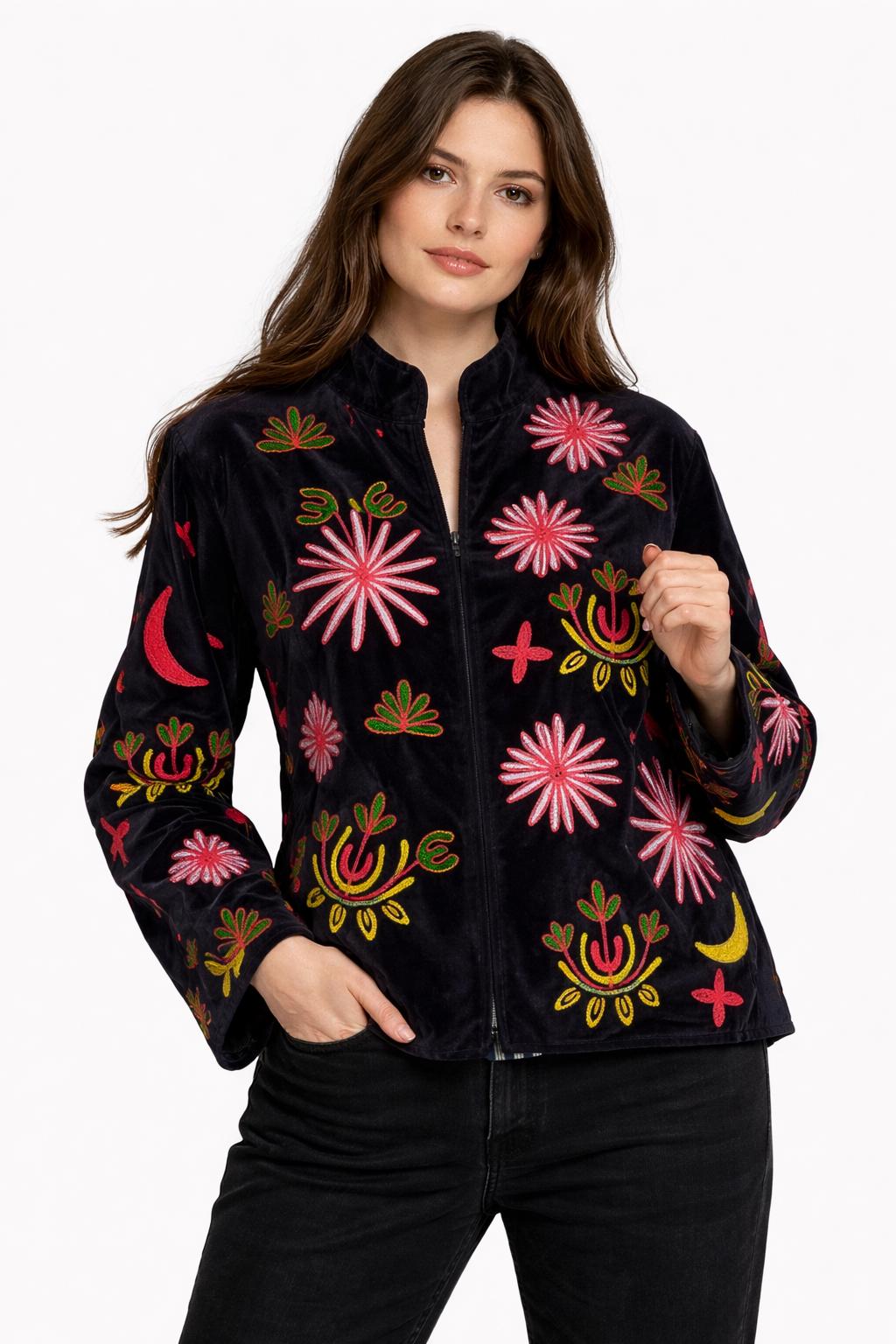 Suzani Velvet Jacket — The Black Pink Embroidered Cheetah Jacket | Free Size upto UK 16/18