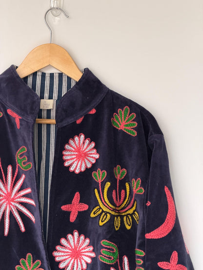 Suzani Velvet Jacket — The Black Pink Embroidered Cheetah Jacket | Free Size upto UK 16/18