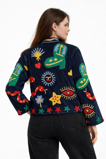 Suzani Velvet Jacket — The Snake Safari Embroidered Jacket | Free Size upto UK 16/18