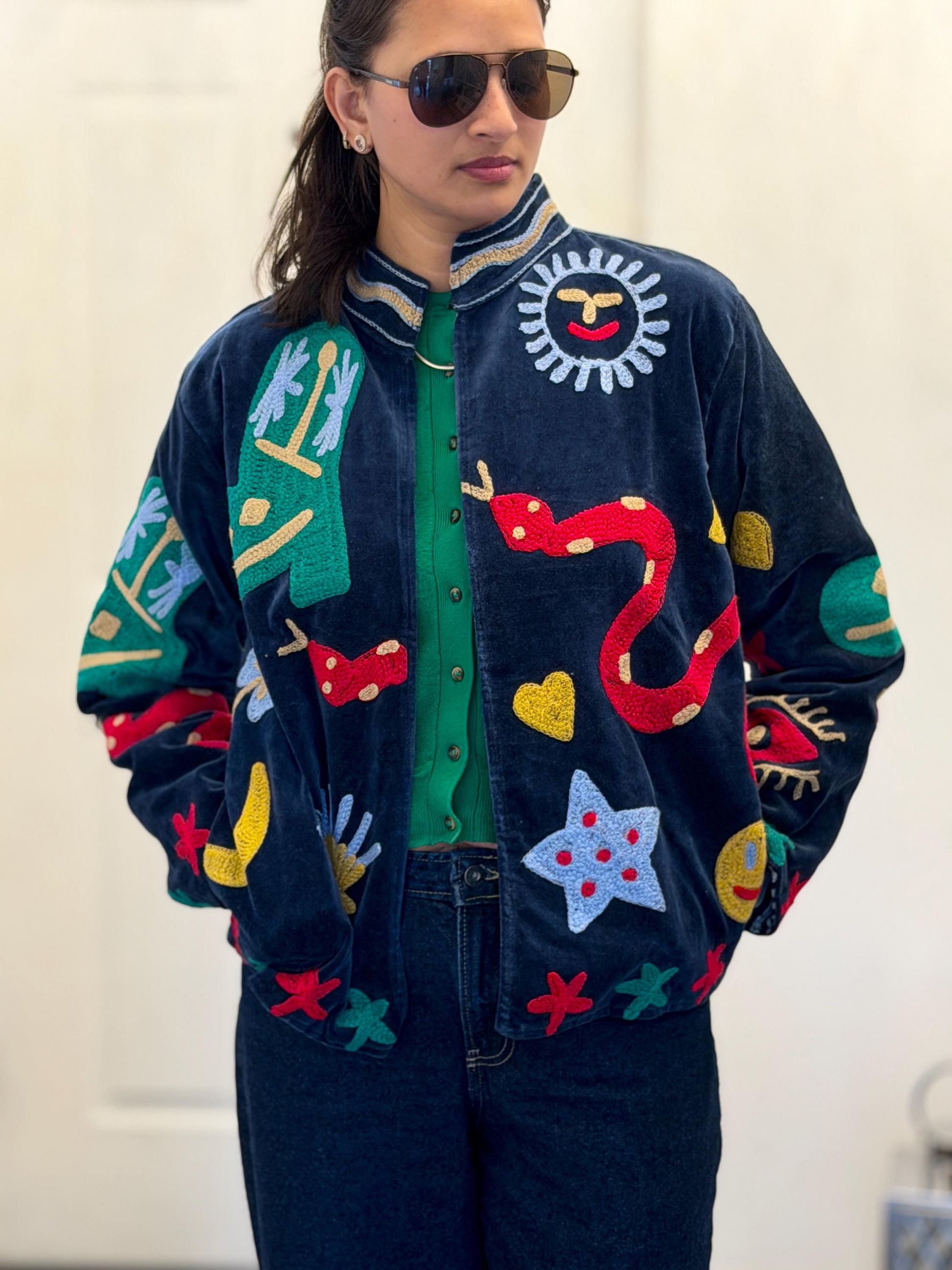 Suzani Velvet Jacket — The Snake Safari Embroidered Jacket | Free Size upto UK 16/18