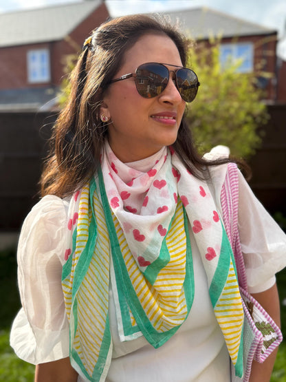 The Rainbow Road - Oversized Hand Block Printed Heart Scarf – Large Square Cotton Wrap for Women