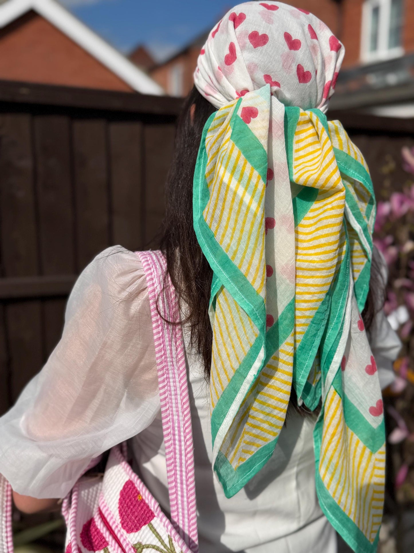 The Rainbow Road - Oversized Hand Block Printed Heart Scarf – Large Square Cotton Wrap for Women