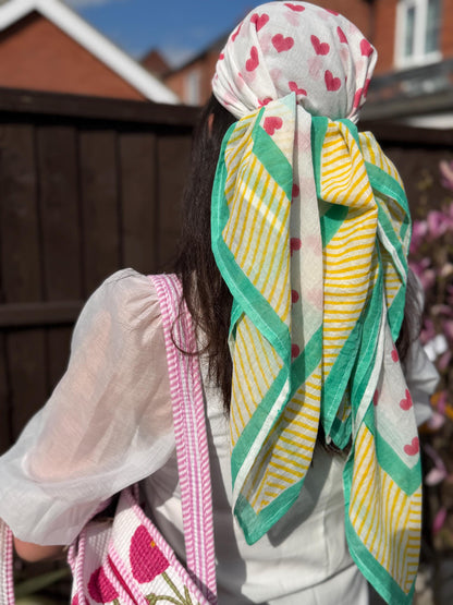 The Rainbow Road - Oversized Hand Block Printed Heart Scarf – Large Square Cotton Wrap for Women