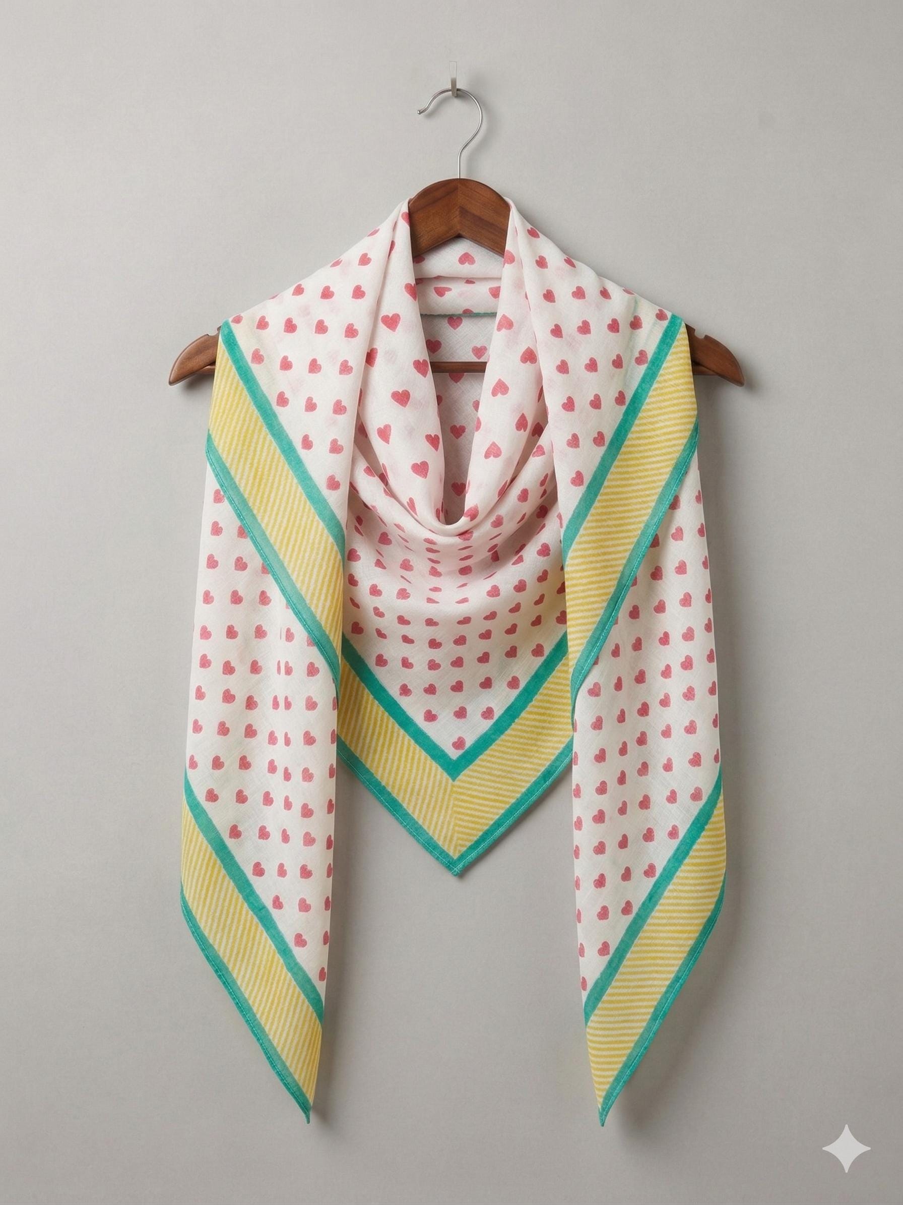 The Rainbow Road - Oversized Hand Block Printed Heart Scarf – Large Square Cotton Wrap for Women