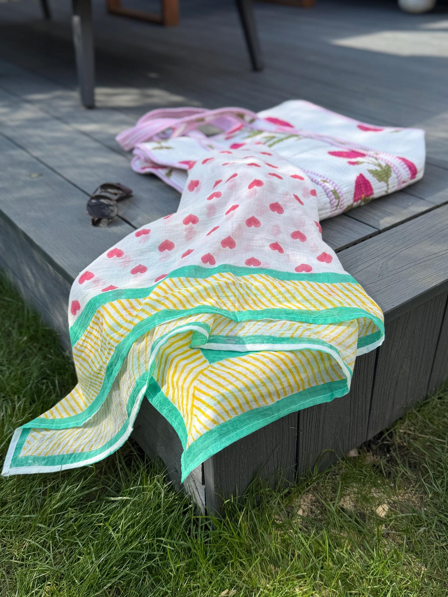 The Rainbow Road - Oversized Hand Block Printed Heart Scarf – Large Square Cotton Wrap for Women