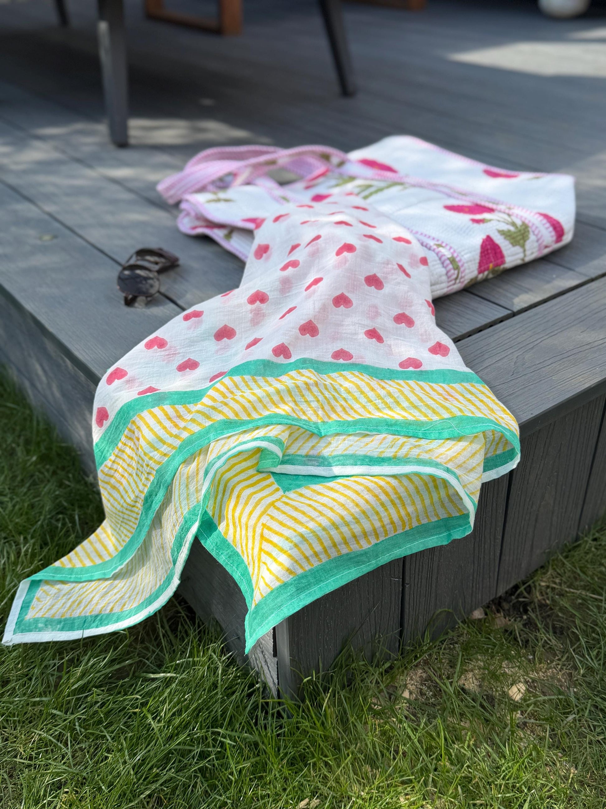 The Rainbow Road - Oversized Hand Block Printed Heart Scarf – Large Square Cotton Wrap for Women
