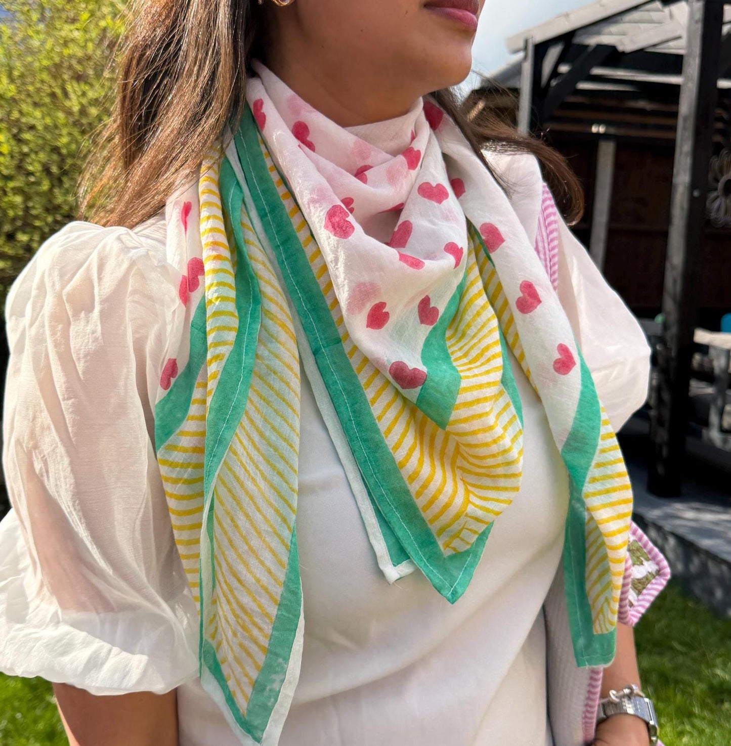 The Rainbow Road - Oversized Hand Block Printed Heart Scarf – Large Square Cotton Wrap for Women